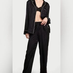 Victoria Secret black satin pajama set with cuffs pink piping size XXL
